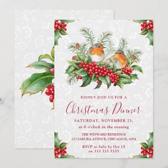 Invitación Cena de Navidad de Robin y Holly Berry (Anverso / Reverso)