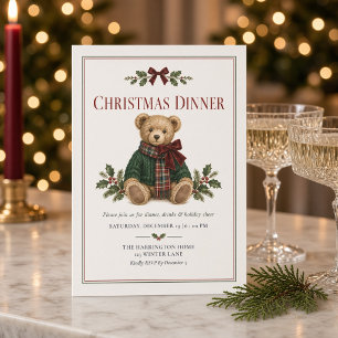 Invitación Cena de Navidad del Oso de Peluche Tartán Elegante