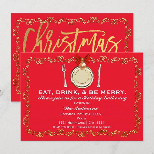 Invitación Cena de Navidad Fiesta Vacacional Come Bebe Diviér (Anverso / Reverso)