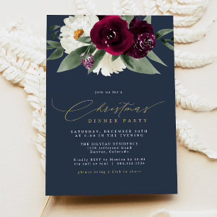 Invitación Cena de Navidad floral Burgundy y Navy ROSA