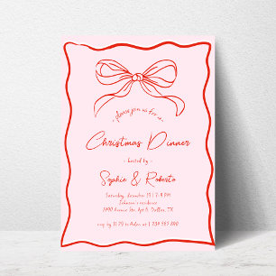 Invitación Cena de Navidad francesa retro rosa y rojo con laz