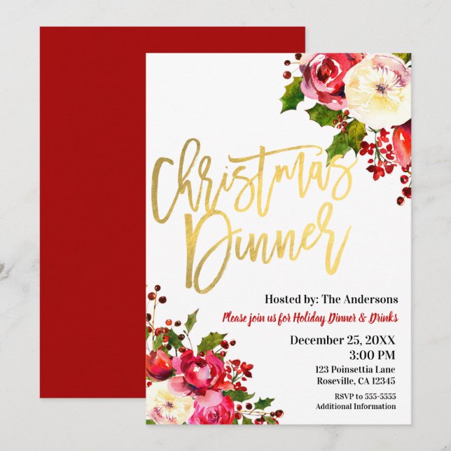Invitación CENA DE NAVIDAD Gold Modern Script Floral Berries (Anverso / Reverso)
