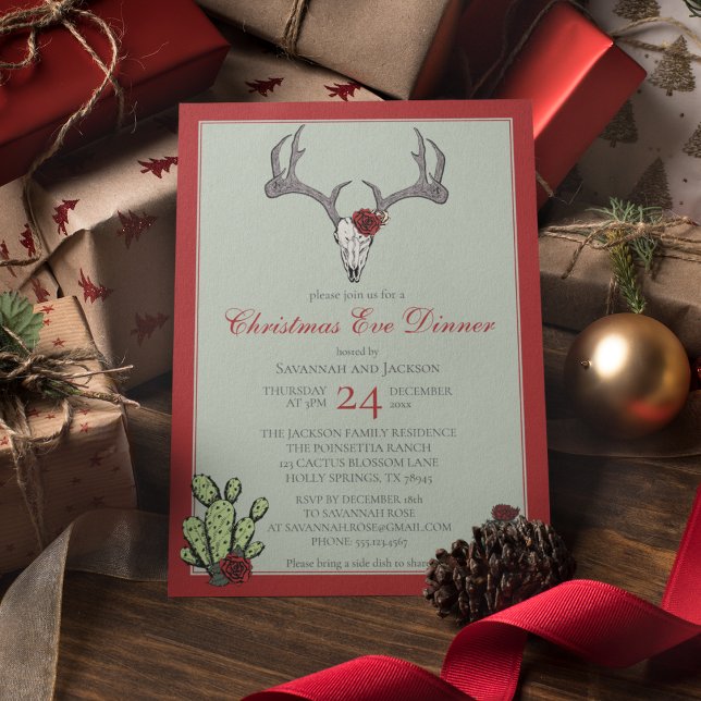 Invitación Cena de Navidad Occidental Cuerno de Reno & Cactus (Western Christmas Eve Dinner Party Invites. Hand-Drawn Reindeer Skull, Antlers, RedRoses & Cacti.)