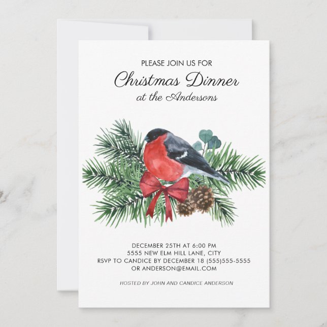 Invitación Cena de Navidad Pinos Roble Rojo Pájaro Invierno  (Anverso)