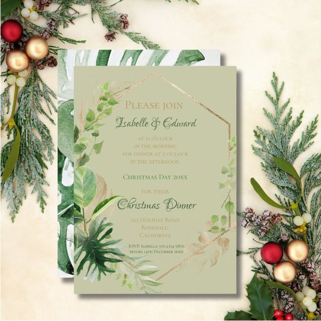 Invitación Cena de Navidad Tropical Verde con Hojas de Oro (Subido por el creador)