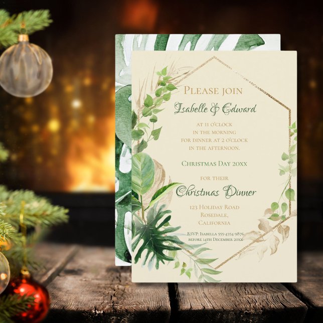 Invitación Cena de Navidad Tropical Verde con Hojas de Oro (Subido por el creador)