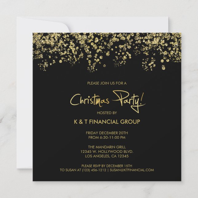 Invitación Cena de Navidades de Black & Gold Confetti Company (Anverso)