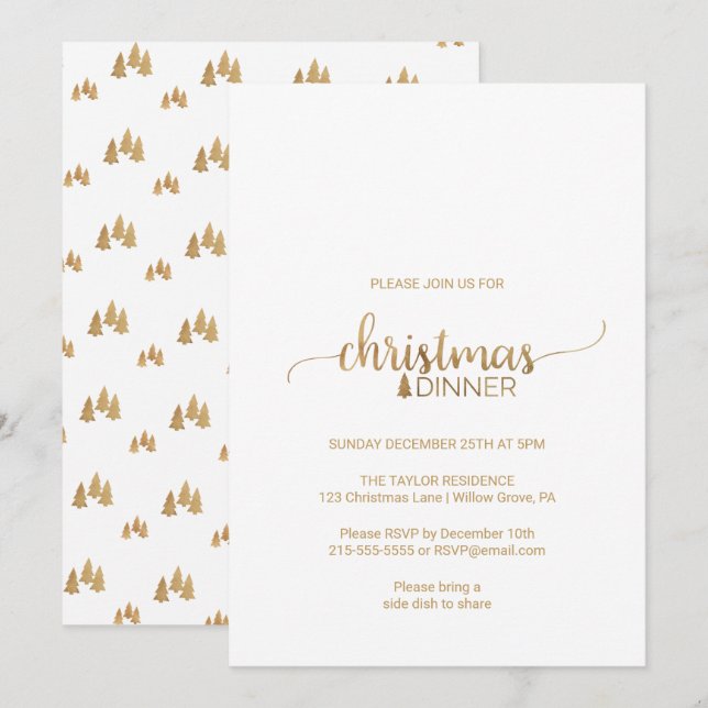 Invitación Cena de Navidades de caligrafía simple de oro (Anverso / Reverso)