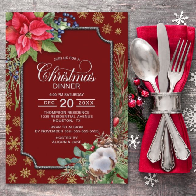 Invitación Cena de Navidades de copas de nieve con flores de  (Subido por el creador)
