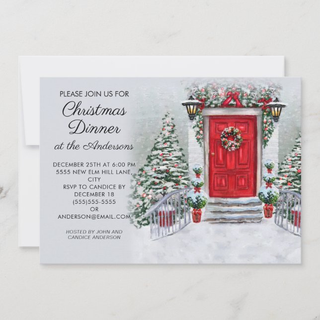 Invitación Cena de Navidades de la guirnalda de la puerta roj (Anverso)