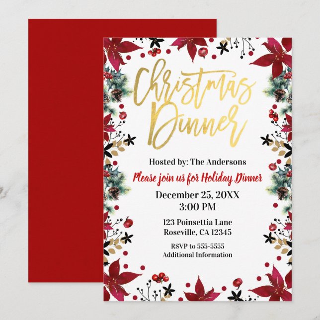 Invitación Cena de Navidades de oro Poinsettia Holiday Floral (Anverso / Reverso)