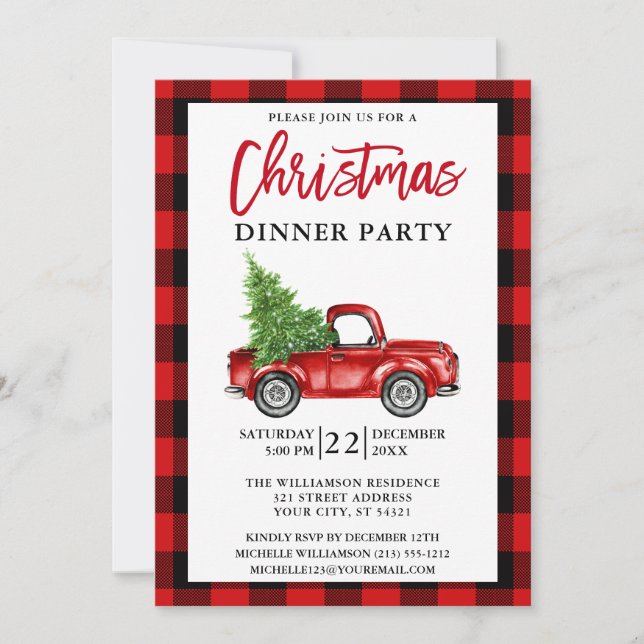 Invitación Cena de Navidades de pincel con camionetas rojas (Anverso)