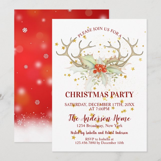Invitación Cena de Navidades de renos Purpurinas de oro (Anverso / Reverso)