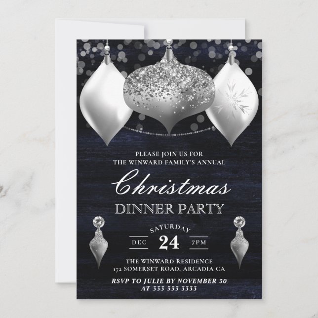 Invitación Cena de Navidades  de Silver Purpurina Winter Baub (Anverso)