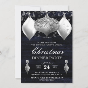 Invitación Cena de Navidades  de Silver Purpurina Winter Baub