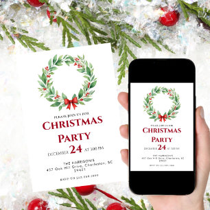 Invitación Cena de Navidades de vacaciones de Wreath Ribbon
