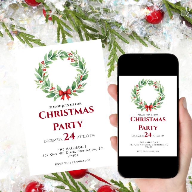 Invitación Cena de Navidades de vacaciones de Wreath Ribbon (Subido por el creador)