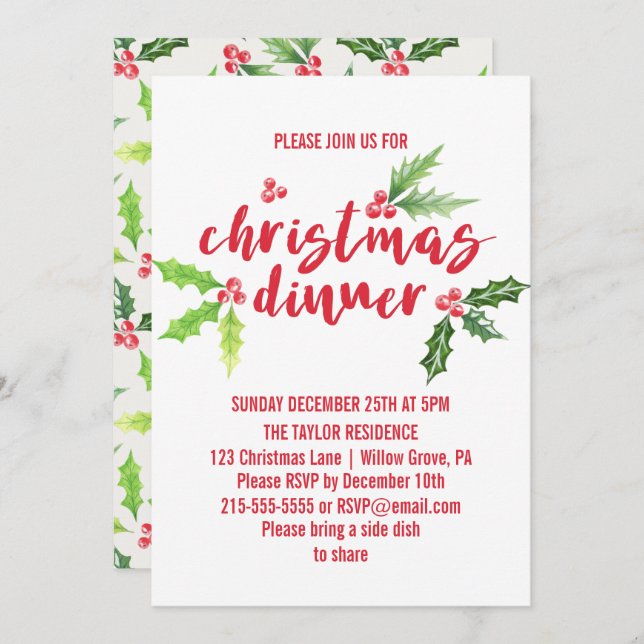Invitación Cena de Navidades de Watercolor Holly (Anverso / Reverso)