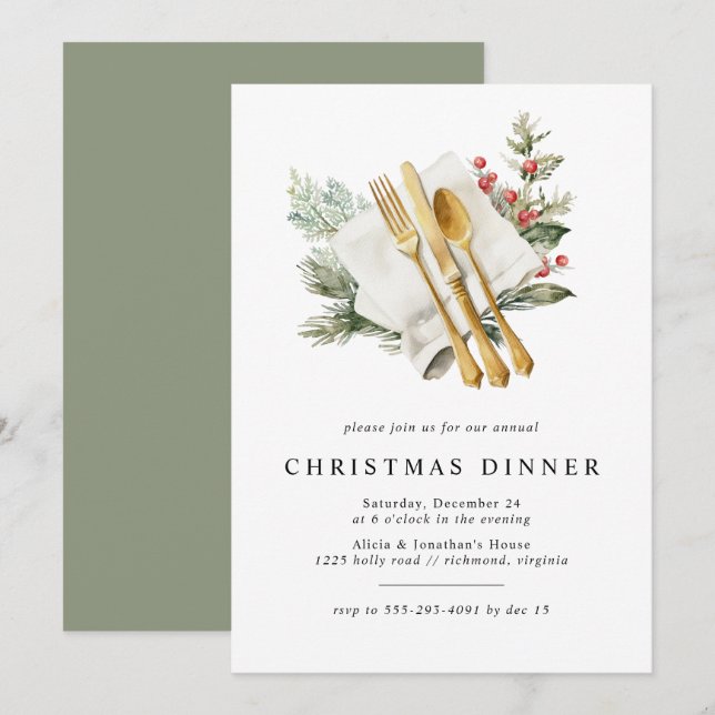 Invitación Cena de Navidades de Watercolor Holly Rustic Green (Anverso / Reverso)