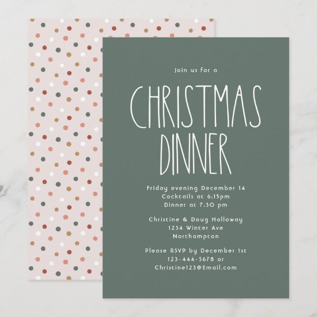 Invitación Cena de Navidades del Boho Verde Polka Dot (Anverso / Reverso)