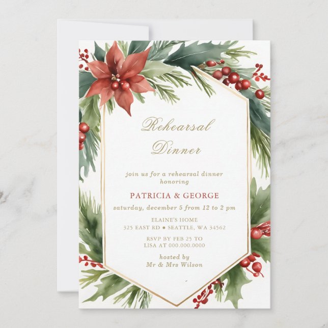 Invitación Cena de Navidades florales de oro verde (Anverso)