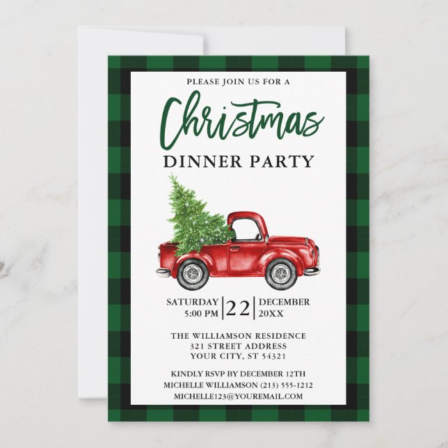 Invitación Cena de Navidades Green Plaid en Camión de Guión d (Anverso)