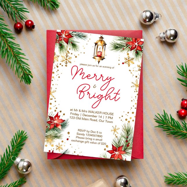 Invitación Cena de Navidades merry y luminosos fiesta lantern (Merry and bright Christmas dinner party editable template invitation digital download poinsettia )