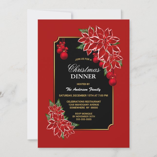 Invitación Cena de Navidades negros de Poinsettia Roja (Anverso)