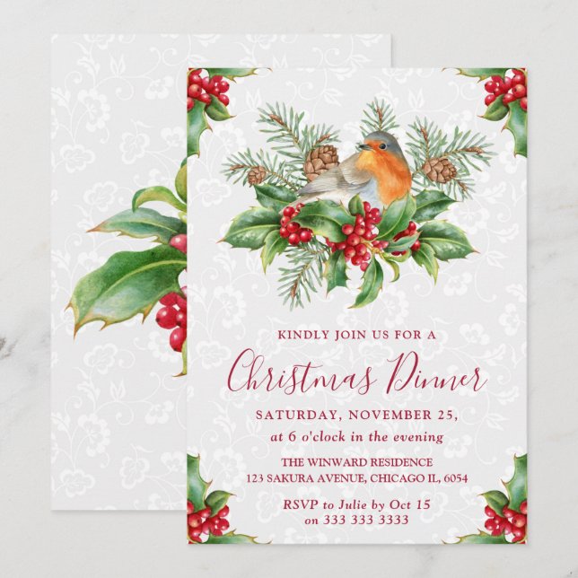 Invitación Cena de Navidades Robin y Holly Berry (Anverso / Reverso)