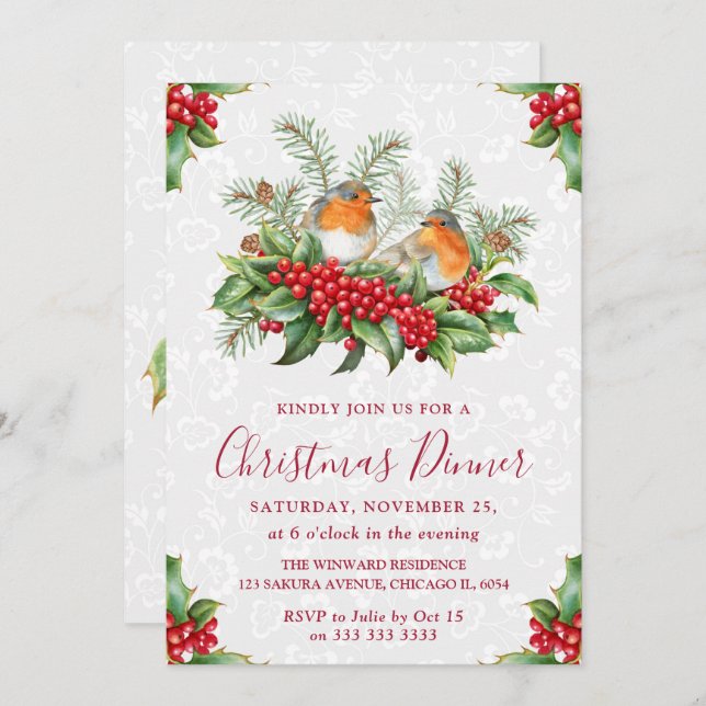 Invitación Cena de Navidades Robin y Holly Berry (Anverso / Reverso)