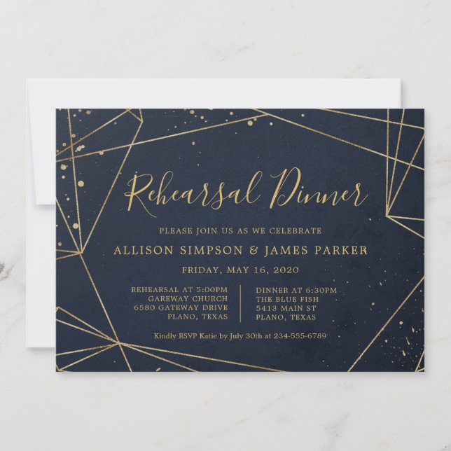 Invitación Cena de Navy y y Oro Geométrico Elegante (Anverso)