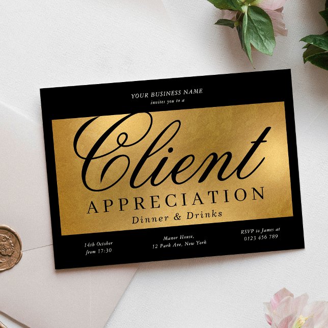 Invitación Cena de Negocios de Apreciación para Clientes Negr (Black & Gold Client Appreciation Business Dinner Invitation)