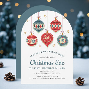 Invitación Cena de Nochebuena Adornos Rojos y Azules