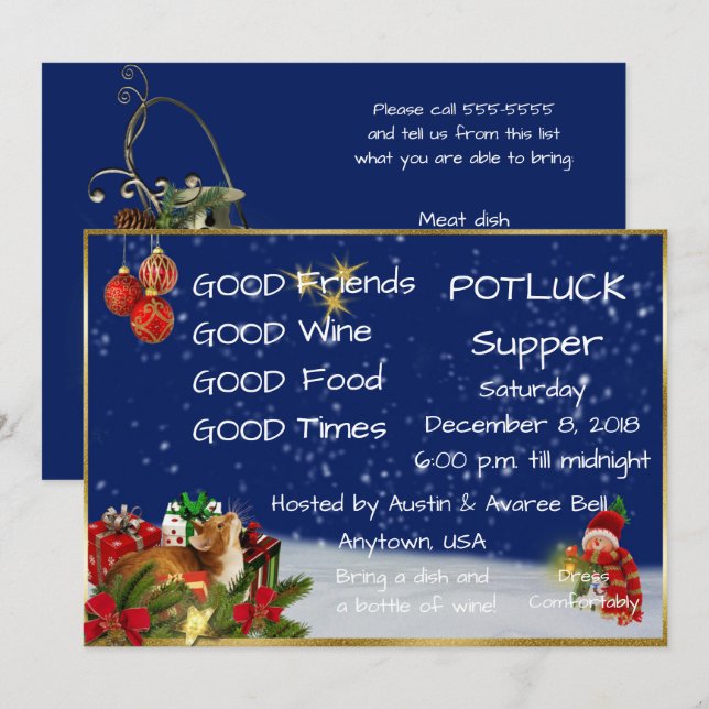 Invitación Cena de Nochebuena con platos para compartir (Anverso / Reverso)