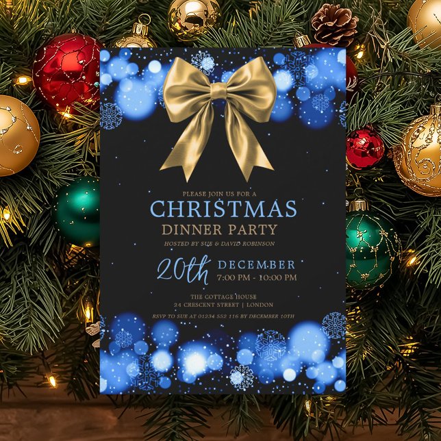 Invitación Cena de Nochebuena Fiesta Navideña Invierno Arco D (Xmas Holiday Dinner Party Winter Gold Bow Navy Invitation)