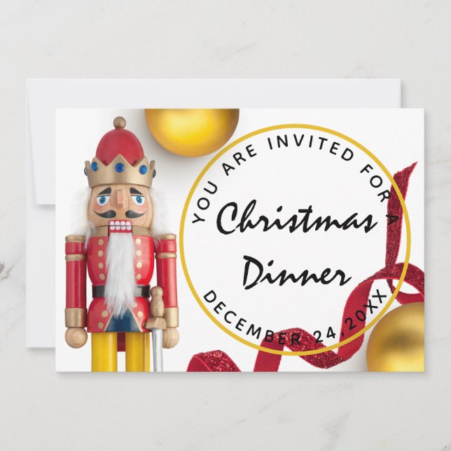 Invitación Cena de Nochebuena Roja Nueces de oro blanco (Anverso)