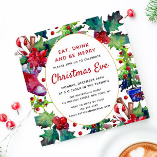 Invitación Cena de Nochebuena Stocking de Acuarela Acebo