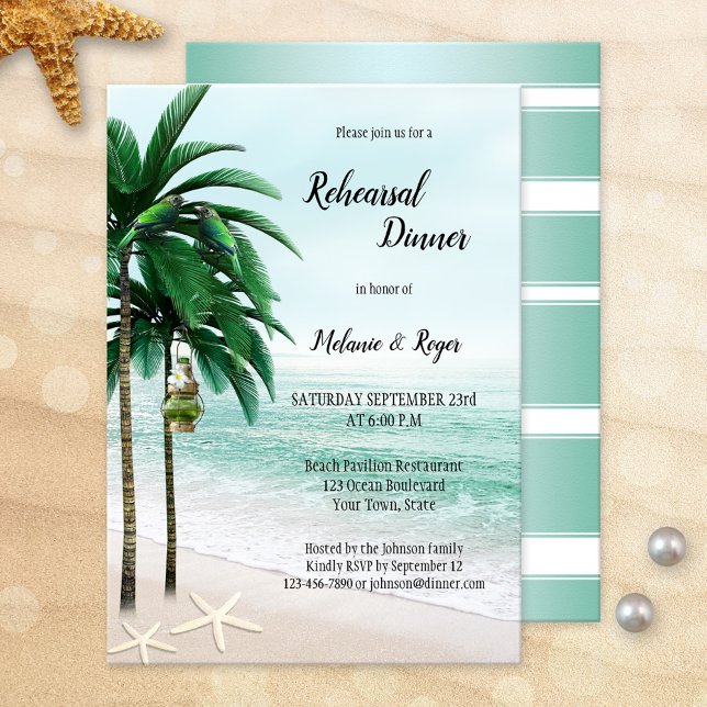 Invitación Cena de Palm Trees de Playa Tropical (Beach or destination wedding tropical rehearsal dinner invitation featuring palm trees and starfish)