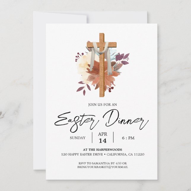 Invitación Cena de Pascua de primavera cristiana de la Cruz f (Anverso)