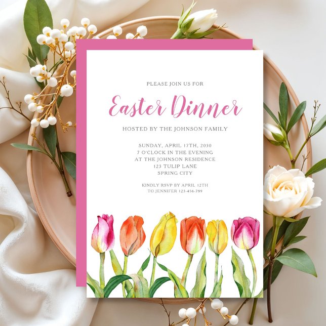 Invitación Cena de Pascua de Tulipán de Acuarela Floral Chic  (Chic Floral Watercolor Tulip Easter Dinner Invitation)