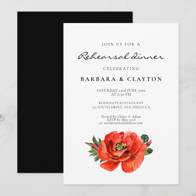 Invitación Cena de prueba de acuarela de adormidera roja (Anverso / Reverso)
