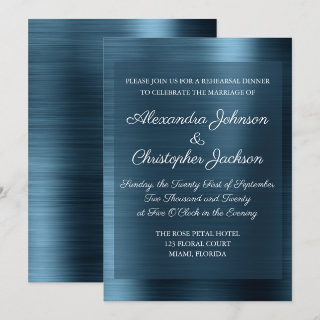Invitación Cena de prueba elegante azul de la Marina (Anverso / Reverso)