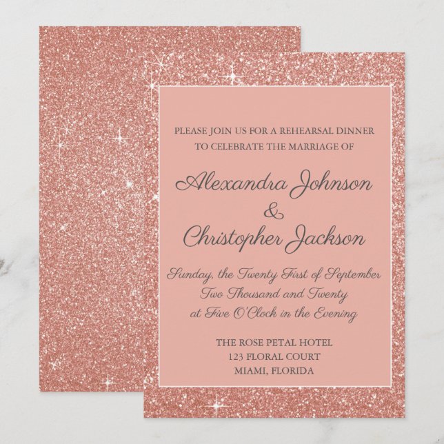 Invitación Cena de Purpurina de oro rosa (Anverso / Reverso)