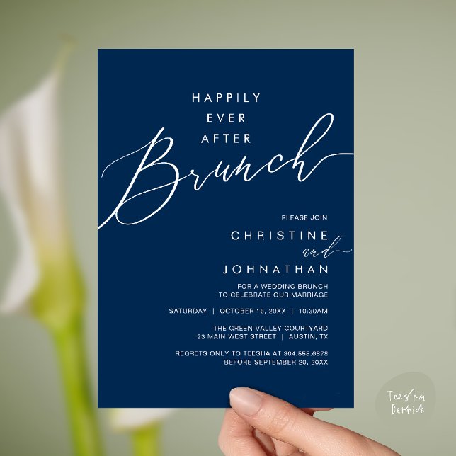 Invitación Cena de recepción de boda después de una cena feli (Happily Ever After Brunch Post Wedding Reception Invitation Card in Navy Blue)