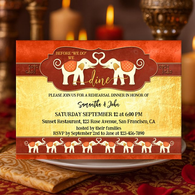 Invitación Cena de Rehearsal de Elefantes Indios Bohemios (Rehearsal dinner invitation featuring a pair of ivory elephants in an Indian terra cotta colors)