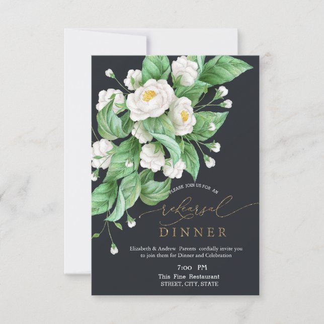 Invitación Cena de Rehearsal de Flores Blancas (Anverso)