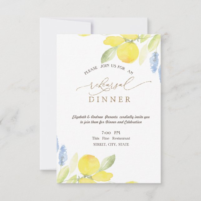 Invitación Cena de Rehearsal de Limones con Acuarela (Anverso)