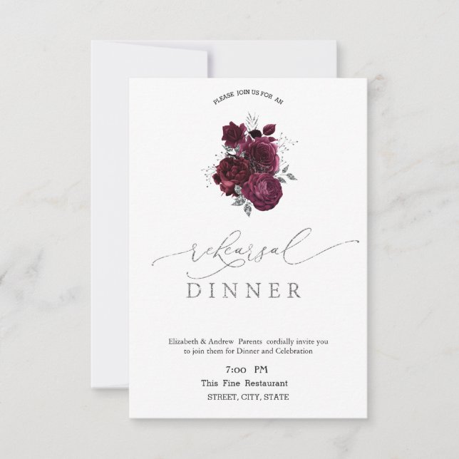 Invitación Cena de Rehearsal de Rosas de Borgoña (Anverso)