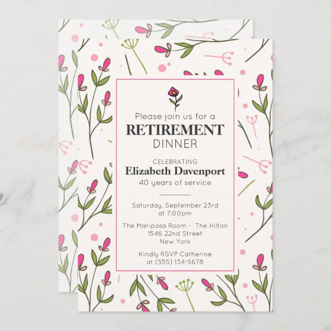 Invitación Cena de retiro de flores silvestres rosadas de bon (Anverso / Reverso)