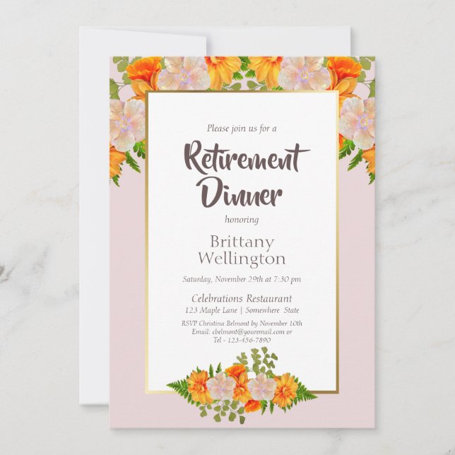 Invitación Cena de retiro floral de Naranja rosado con borde  (Anverso)